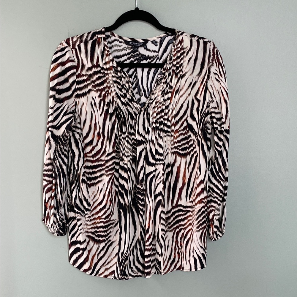 Liverpool Zebra Pattern Blouse - Black, White, Brown Sz M